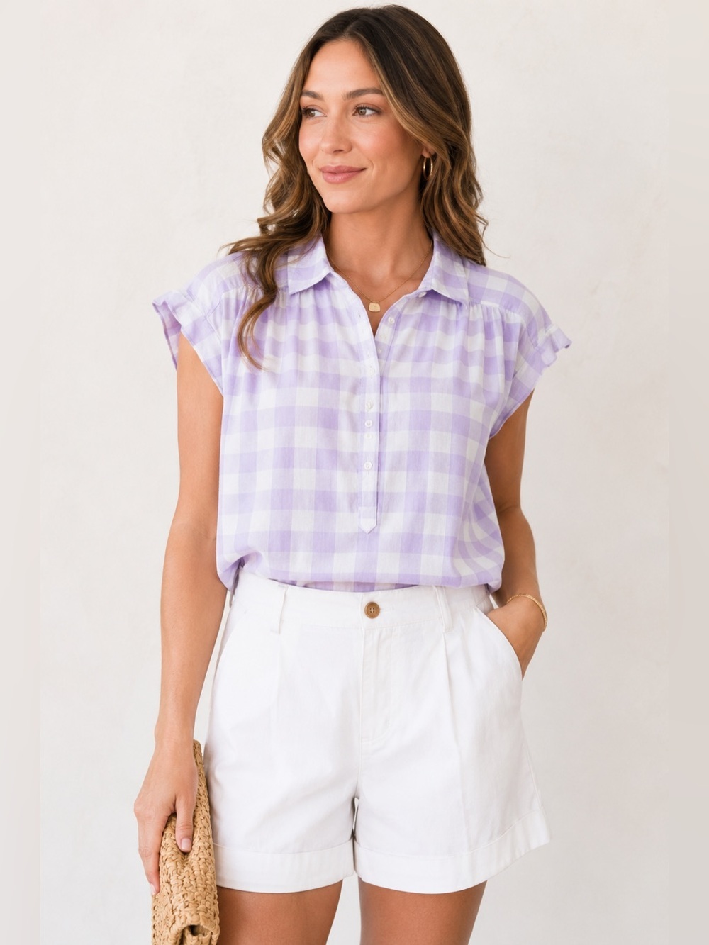 LOFT Lavender Gingham Button Front Blouse Ruffle Sleeve Plaid Top Size M